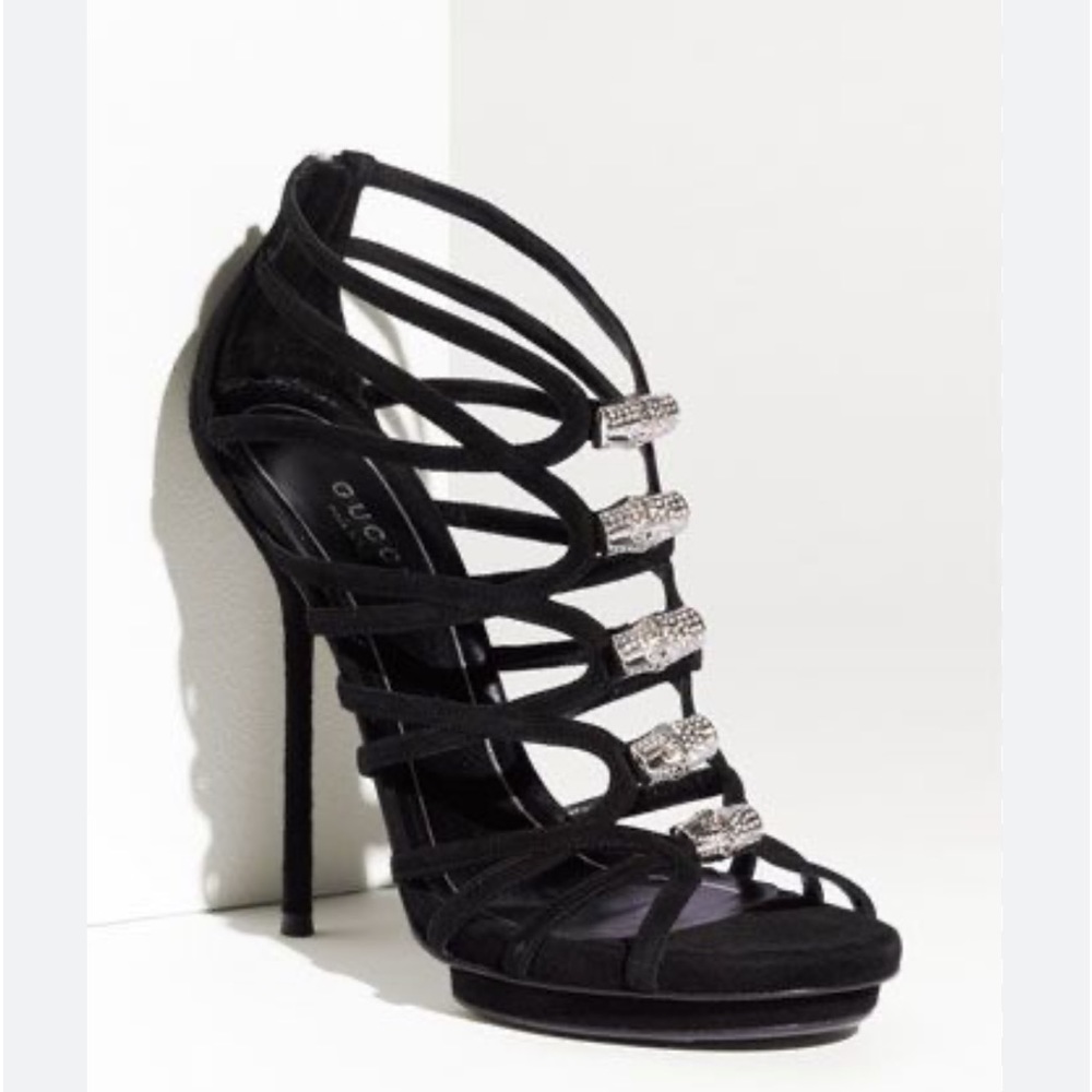 Gucci Jenna Caged Silver Encrusted Crystal Bamboo Suede Stiletto Heels